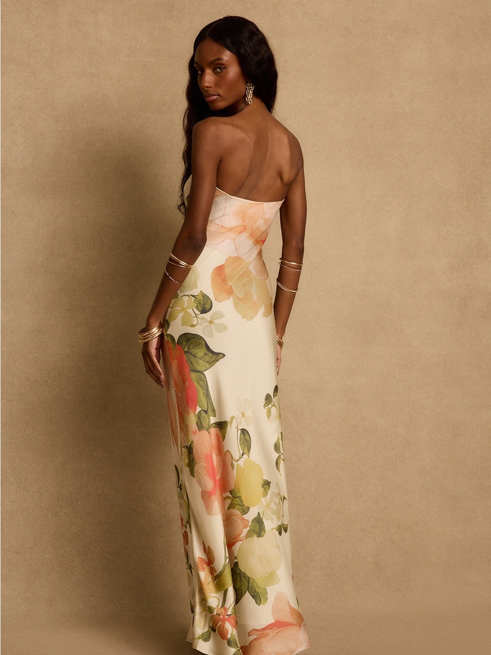 12th Tribe Camille Floral Strapless Maxi Dress in Cream, Green and Orange - Picture 3 of 4